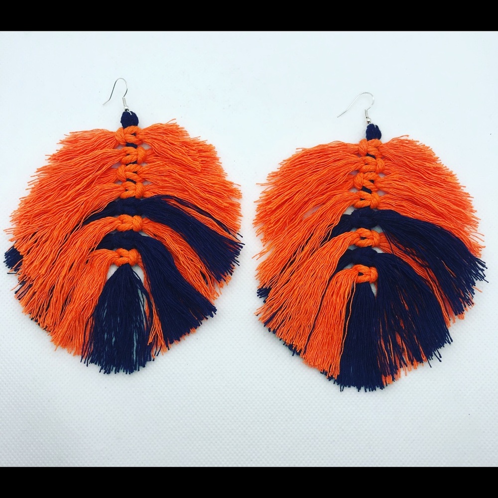 Orange and blue fringe earrings